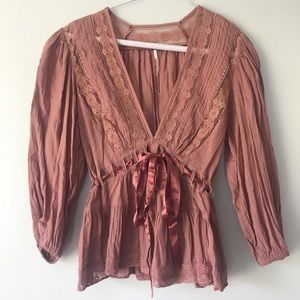Free People Lace Ribbon Tie Blouse